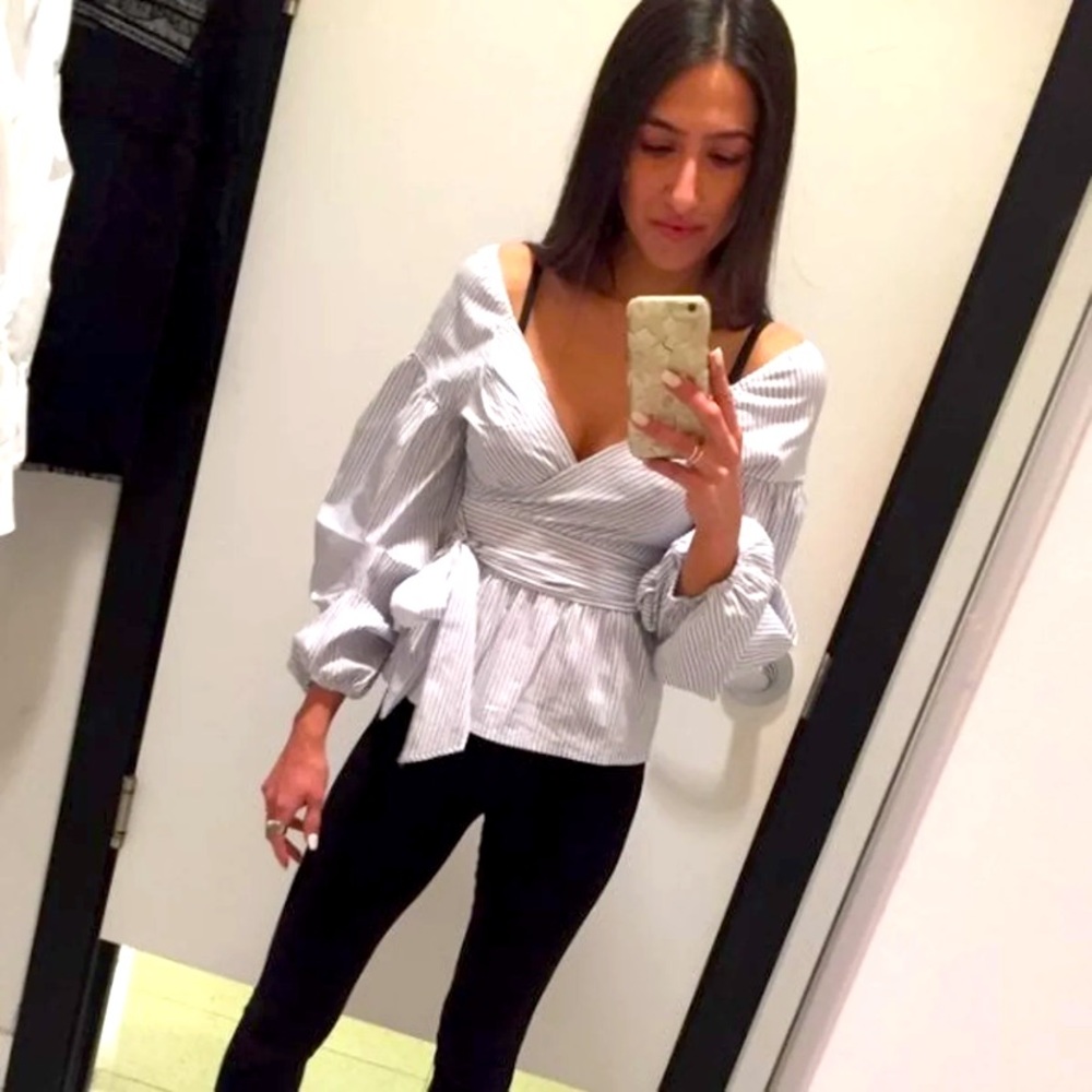 Express deep v balloon sleeve w/ waist tie top